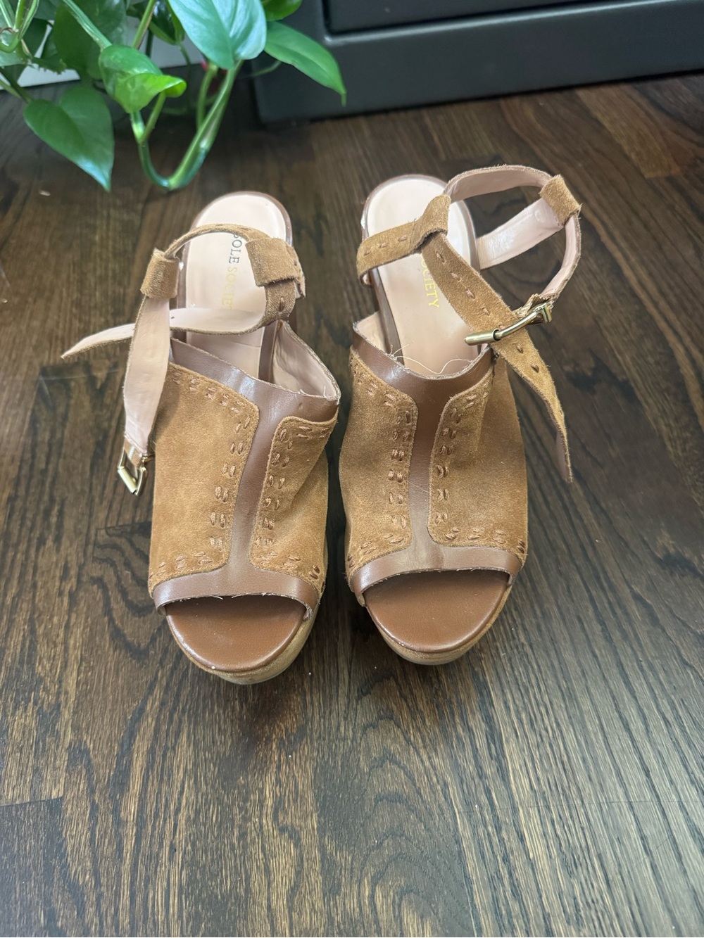 Sole Society Brown Tan Suede Open-Toe Wedge Sandals with Ankle Strap
